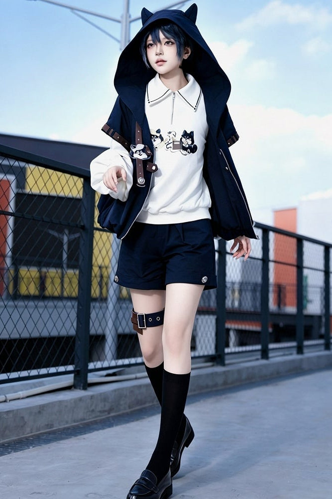 【9月25日予約締切】Prince Style Street Casual Cat Ear Hooded Short-Sleeve Jacket + Dog Print Top + Shorts with Leg Rings＋Full Set
