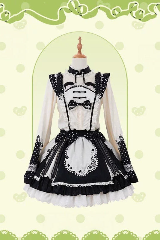 [Pre-order Deadline: October 25] Pink/White/Green Chinoiserie Lolita Sweet Panda Polka Dot Lace Apron Ruffle OP Dress