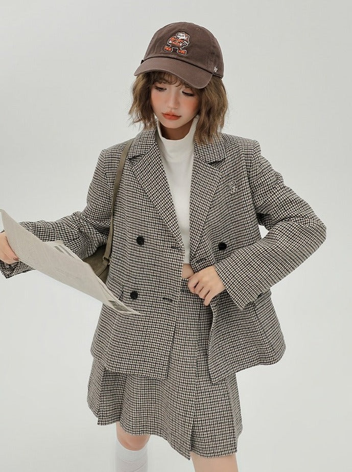 Girlyhalo houndstooth uniform set women's autumn and winter pleated skirt  set women's Korean version suit two-piece suit