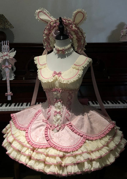 【12月17日予約締切】ピンクフローラルスイートロリータティアードドレス＋うさ耳ボンネット＋アクセサリー