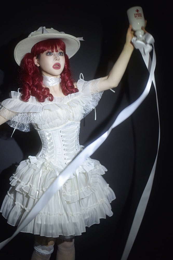 【1月29日予約締切】ブラックホワイトゴシックジャカードレースアップコルセット＋ドロストフリルスカート