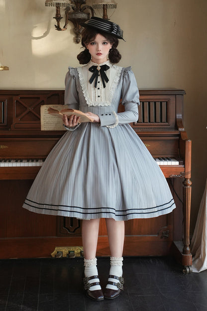 【8月18日予約締切】グレーストライプアンドフォググラデーションクラシカルドレス＋ハット＋ヘアクリップ