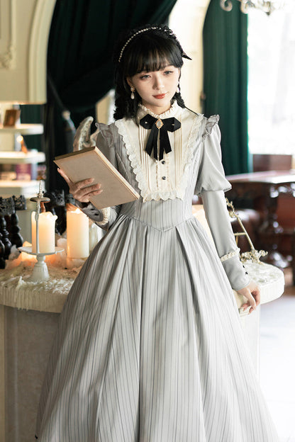 【8月18日予約締切】グレーストライプアンドフォググラデーションクラシカルドレス＋ハット＋ヘアクリップ