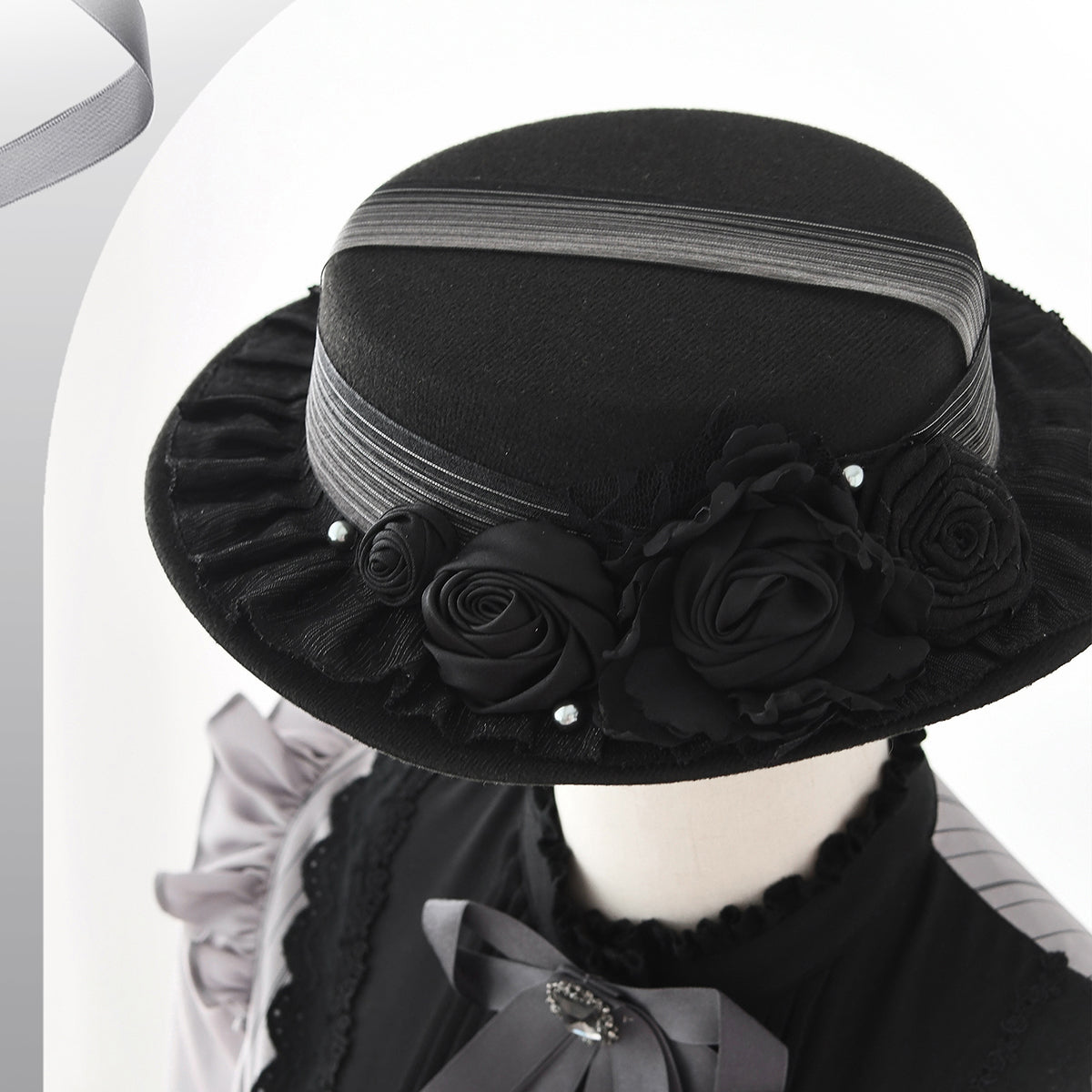 【8月18日予約締切】グレーストライプアンドフォググラデーションクラシカルドレス＋ハット＋ヘアクリップ