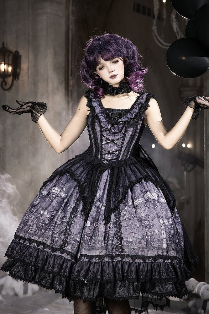 【10月30日予約締切】Purple Black Gothic Lolita Witch Print Frill Bustier Dress