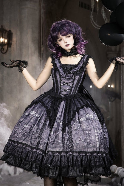 【10月30日予約締切】Purple Black Gothic Lolita Witch Print Frill Bustier Dress