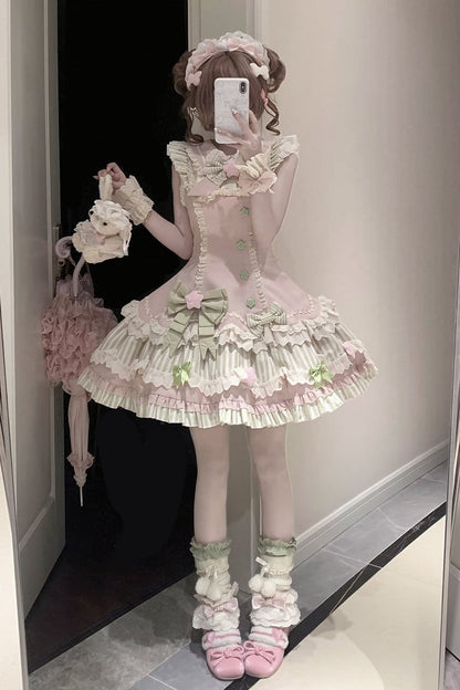 [Reservierungsschluss 22. Juni] Süßes Lolita-Stufenkleid in Pastell und Schwarz mit Sternen und Schleifen