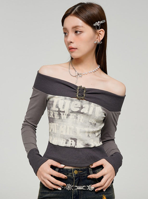 Gray Contrast Color One Shoulder Printed Top