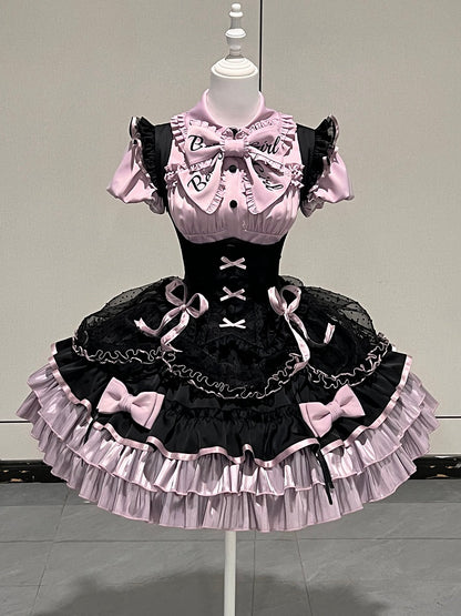 【5月12日予約締切】ブラックパープルロリータアイドルリボンパフスリーブシャツ＋コルセットチュールプルアップJKSドレスセットアップ