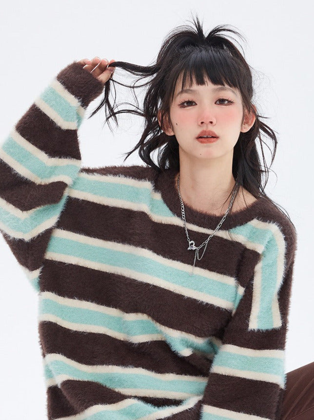 Retro Loose Contrast Stripe Sweater