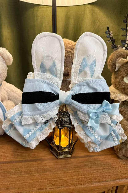 [Reservierungsschluss 30. Juni] Blaue x weiße Alice-im-Wunderland Sweet-Lolita-Accessoires-Serie (Hasenohren-Hut, Hasenohren-Haarreif, Halsband, Taschenuhr-Brosche, rückseitige Schleppen-Schleife, Handgelenkstulpen)