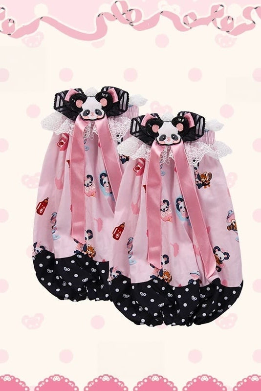 [Pre-order Deadline: October 25] Pink/Green Chinoiserie Lolita Sweet Panda Print Flutter Sleeve Lace Trim Dress + Detachable Flared Sleeves + Leg Covers