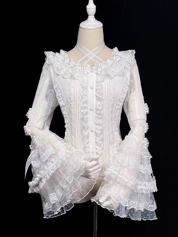 [Deadline for reservations: December 26] Pure Sweet Rose Fantasy Cross Ribbon Lace Bell Sleeve Shirt