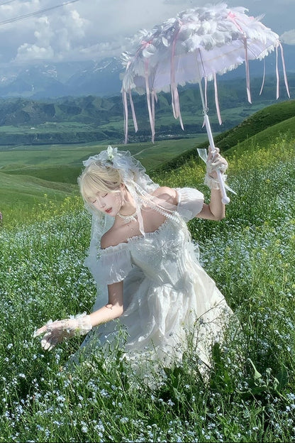 【10月28日予約締切】White Butterfly Gothic Lolita Puff Sleeve Dress Top + Layered Ruffle Asymmetrical Hem Skirt Set (With Chest Brooch + Waist Brooch)