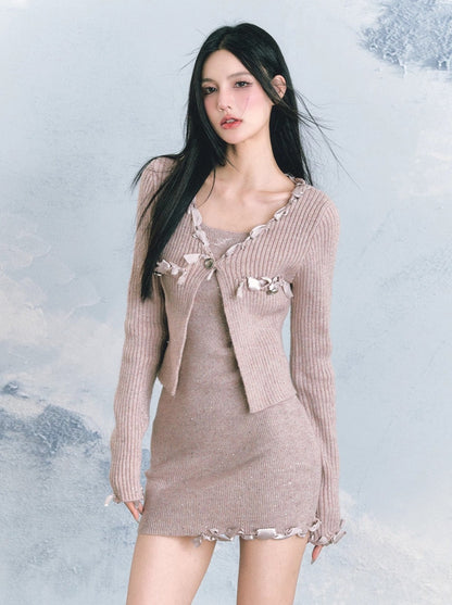 Pure Last Beaded Ribbed Knit Cardigan + Tight Camisole Dress