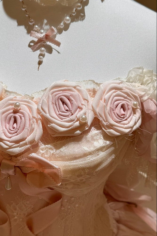 【9月6日予約締切】Romantic Rose Ballet Lolita Bow Lace Corset Bustier＋Layered Ruffle Bow Bubble Skirt + Bow Train（Set1/2）