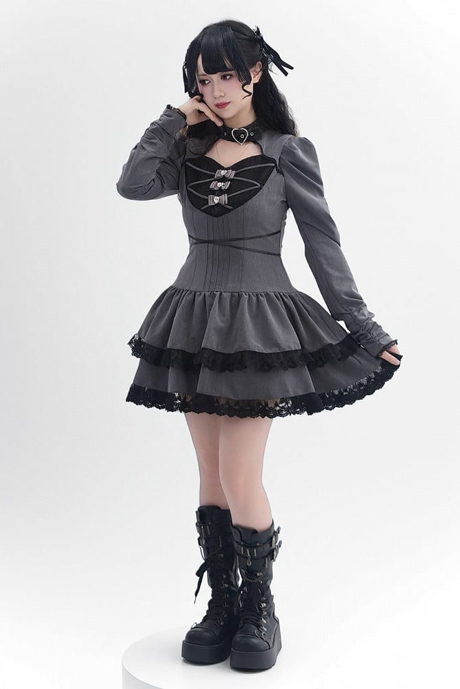 [Reservierungsschluss 28. September] Pink x Schwarz/Grau x Schwarz Gothic-Kleid mit herzförmigem Ausschnitt, Gürtelkragen, Spitzenbesatz und Schleifendetail