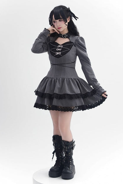 [Reservierungsschluss 28. September] Pink x Schwarz/Grau x Schwarz Gothic-Kleid mit herzförmigem Ausschnitt, Gürtelkragen, Spitzenbesatz und Schleifendetail
