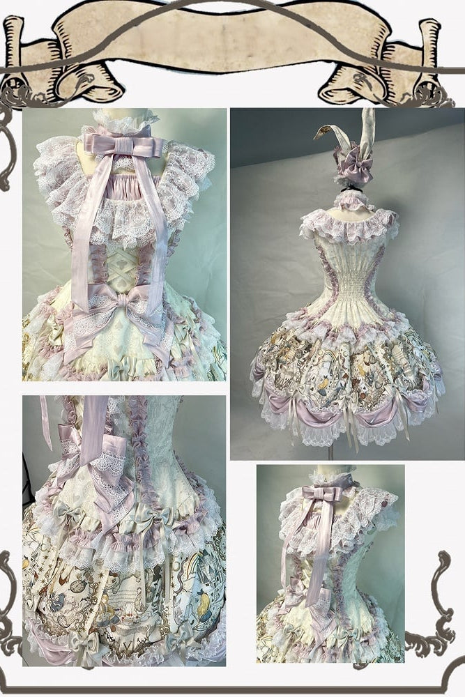 [Pre-order Deadline: September 28] Navy/Off-White Alice Classical Lolita Print Playing Card Frill Ribbon Dress + KC Set + Bunny Ear Hat Set