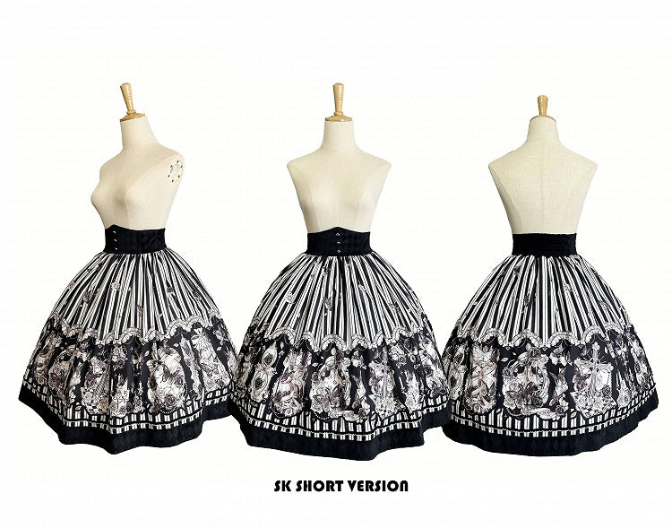 【10月3日予約締切】Black White Striped Gothic Rose Print Skirt(Short/Long)