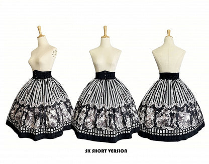 【10月3日予約締切】Black White Striped Gothic Rose Print Skirt(Short/Long)