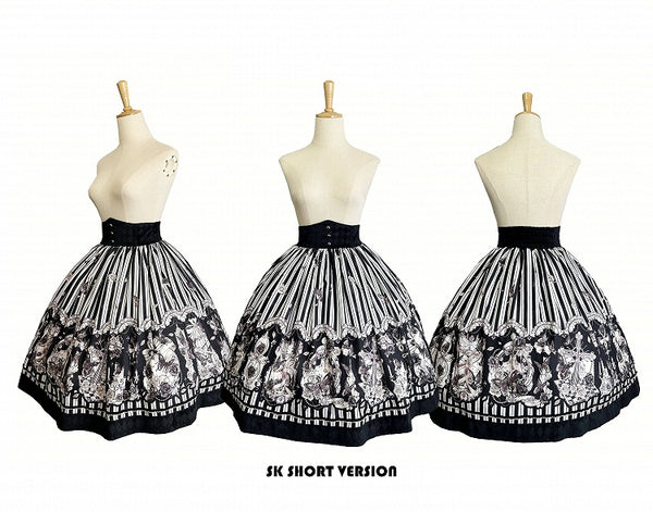 【10月3日予約締切】Black White Striped Gothic Rose Print Skirt(Short/Long)