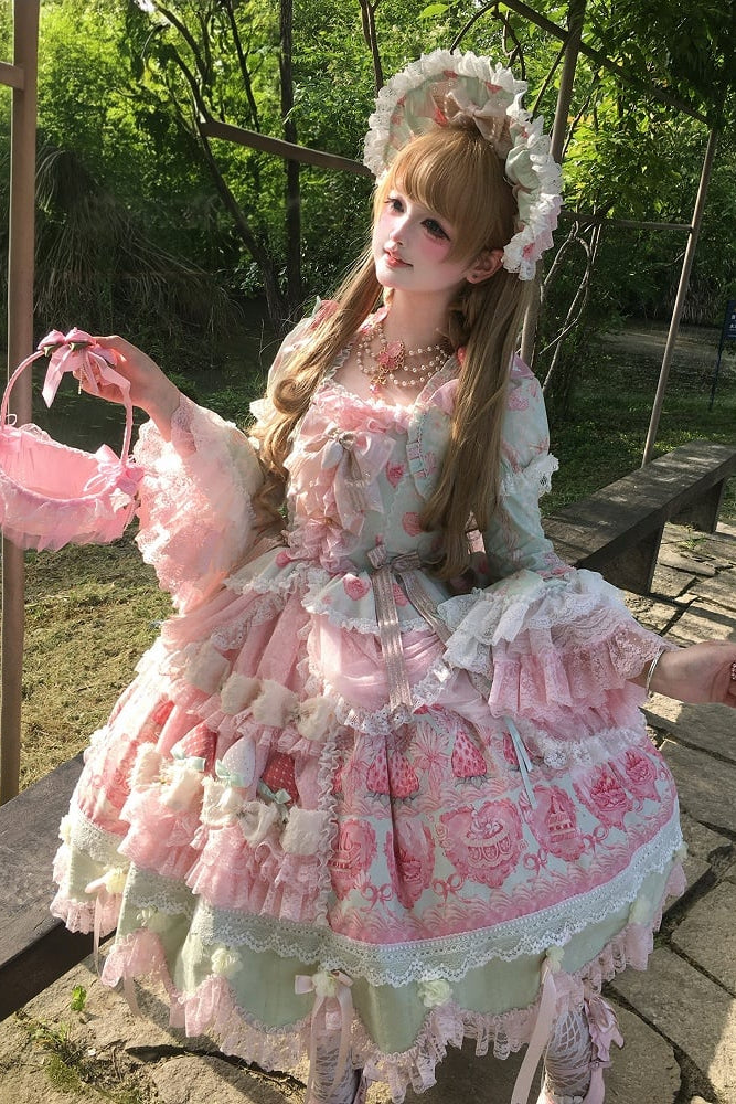【6月26日予約締切】ストロベリーエンジェルスイートロリータプルアップチュールレイヤードOpドレス（ベルスリーブ付き）
