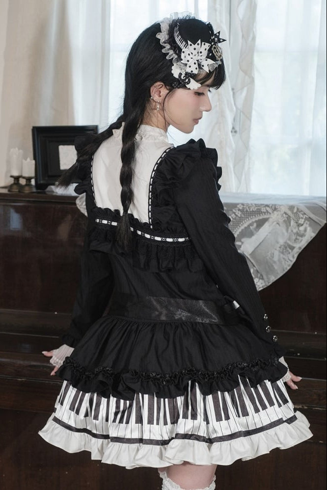 [Date limite de réservation : 22 octobre] Robe de poupée taille basse gothique Lolita à pois/noire avec touches de piano, nœud à volants