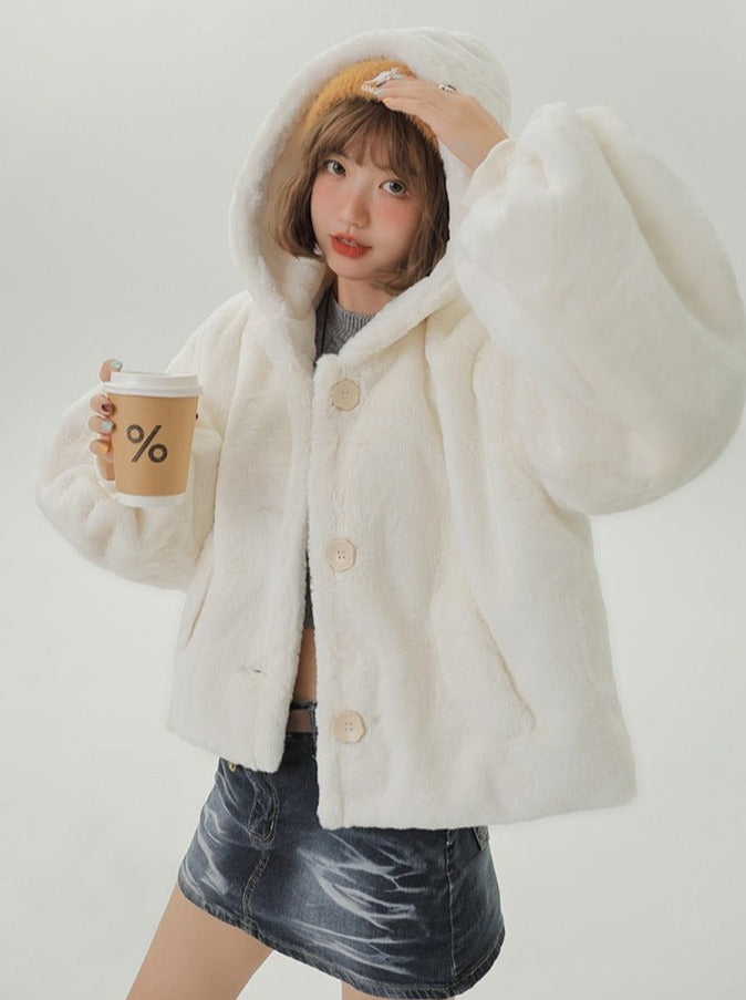 Velvet fur hooded long coat + hooded short coat