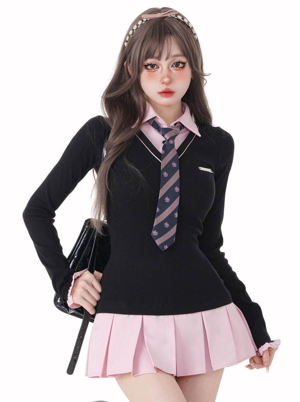 Black-Pink College Style Faux Two-Piece Shirt + Tie [Reserved Item].