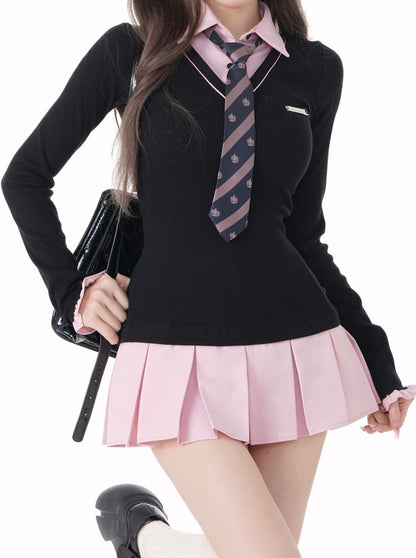 Black-Pink College Style Faux Two-Piece Shirt + Tie [Reserved Item].