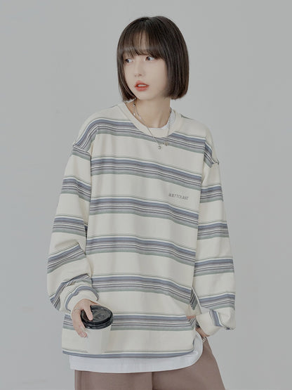 Loose Round Neck Striped Striped T