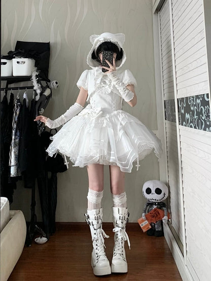 【4月18日予約締切】猫耳フーディーレースリボンホワイトフェイクツーピースロマンティックゴシックロリータドレス