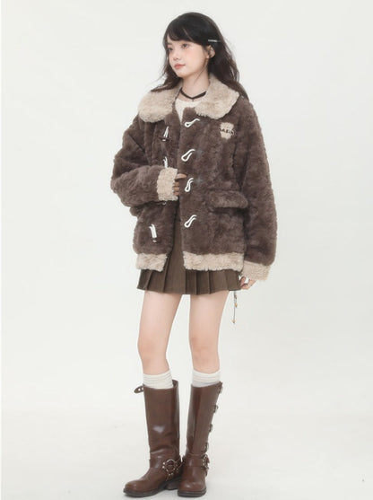 Horn Button Fluffy Fur Boa Coat