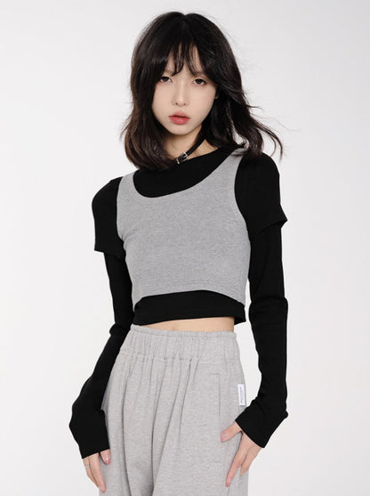 Short Length Long T + Vest Two Piece Tops