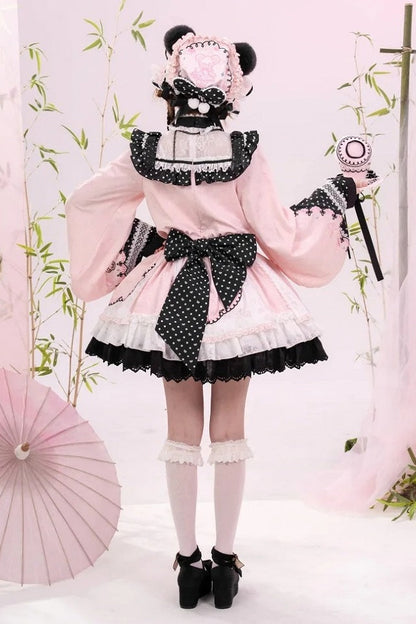 [Pre-order Deadline: October 25] Pink/White/Green Chinoiserie Lolita Sweet Panda Polka Dot Lace Apron Ruffle OP Dress