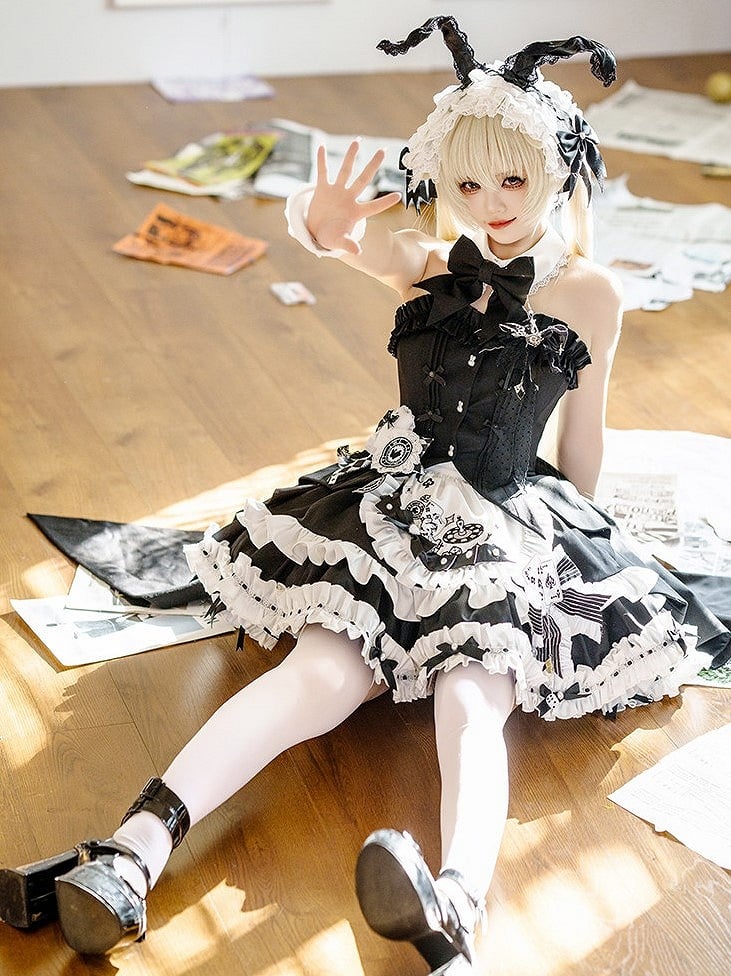 【2月13日予約締切】ブラックホワイトゴシックアリスラビットフリルビスチェトップメイドスカートドレスセット＋アクセサリー