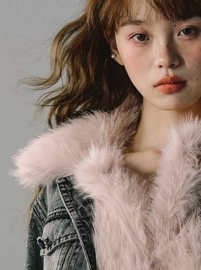 Washed Denim Light Pink Fur Contrast Collar Short Jacket