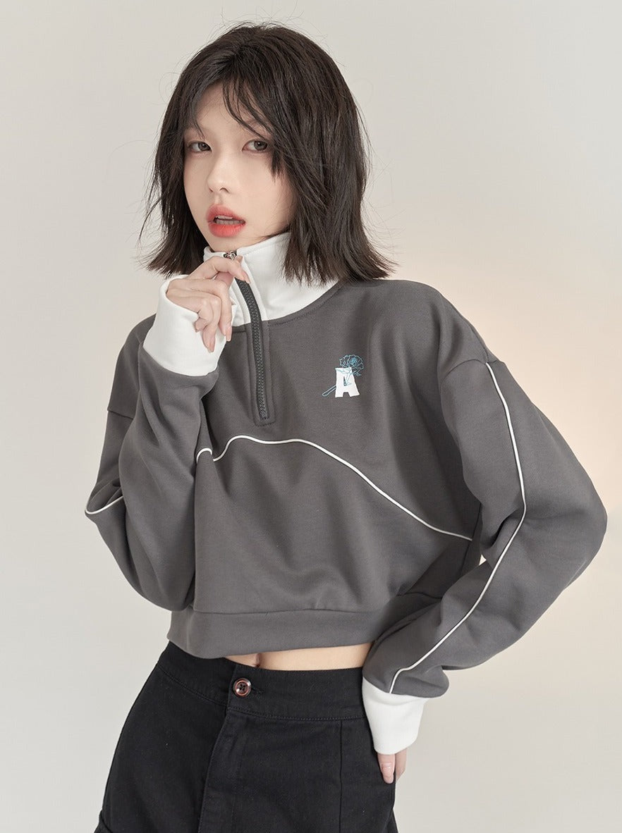 Half Zip Stand Collar Short Sweatshirt