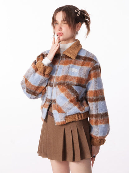 Check Blue Brown Short Jacket