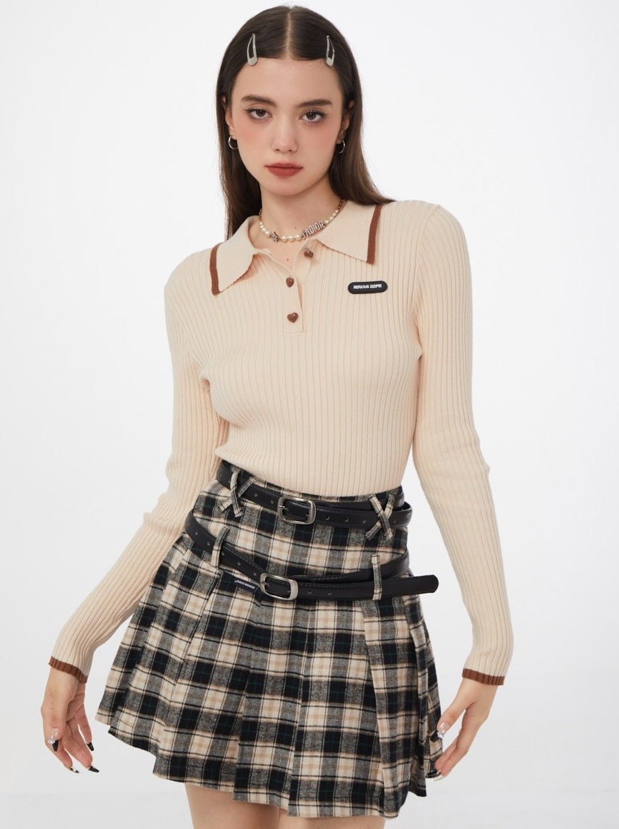 Slim American Retro Polo Collar Ribbed Top