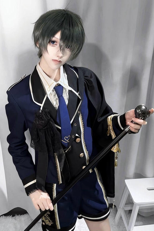 【6月28日予約締切】レッドブラック/ブルーブラックダークプリンスロリータジャケット＋ショートパンツ＋ネクタイ＋ウエストバッグ付きベルト