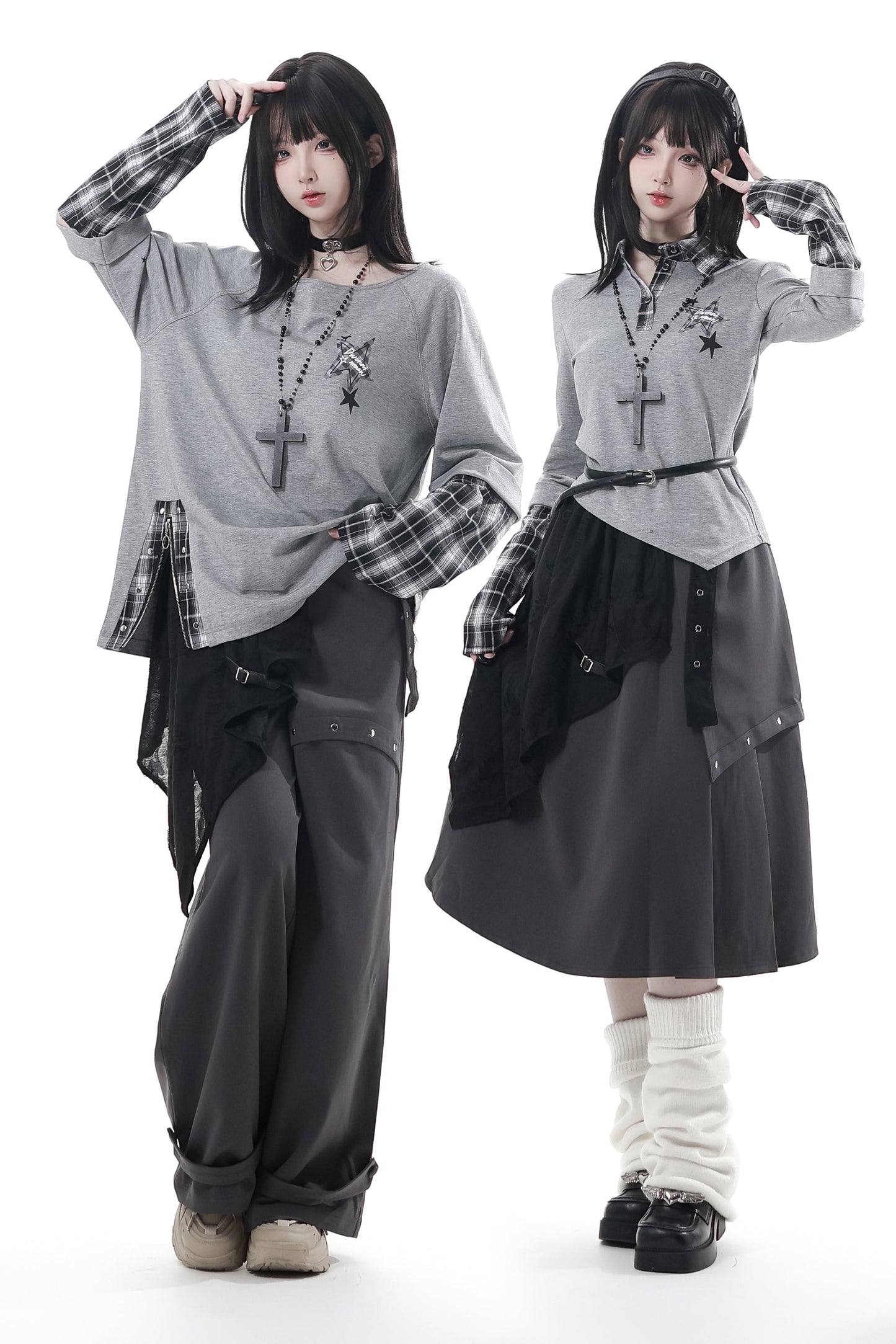 チェックデザイントップス+アシメトップス+パンツ+スカート+ベルト