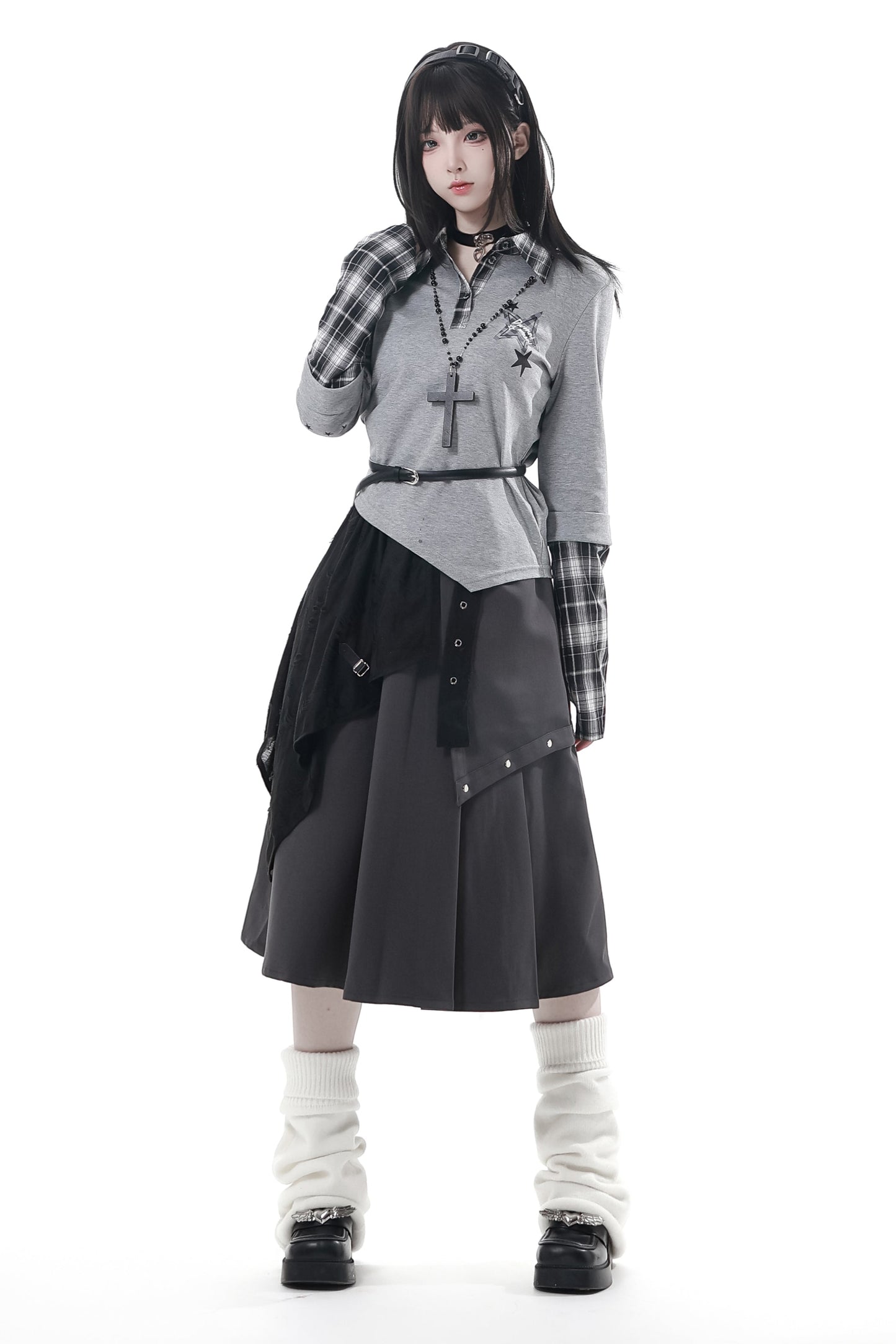 チェックデザイントップス+アシメトップス+パンツ+スカート+ベルト