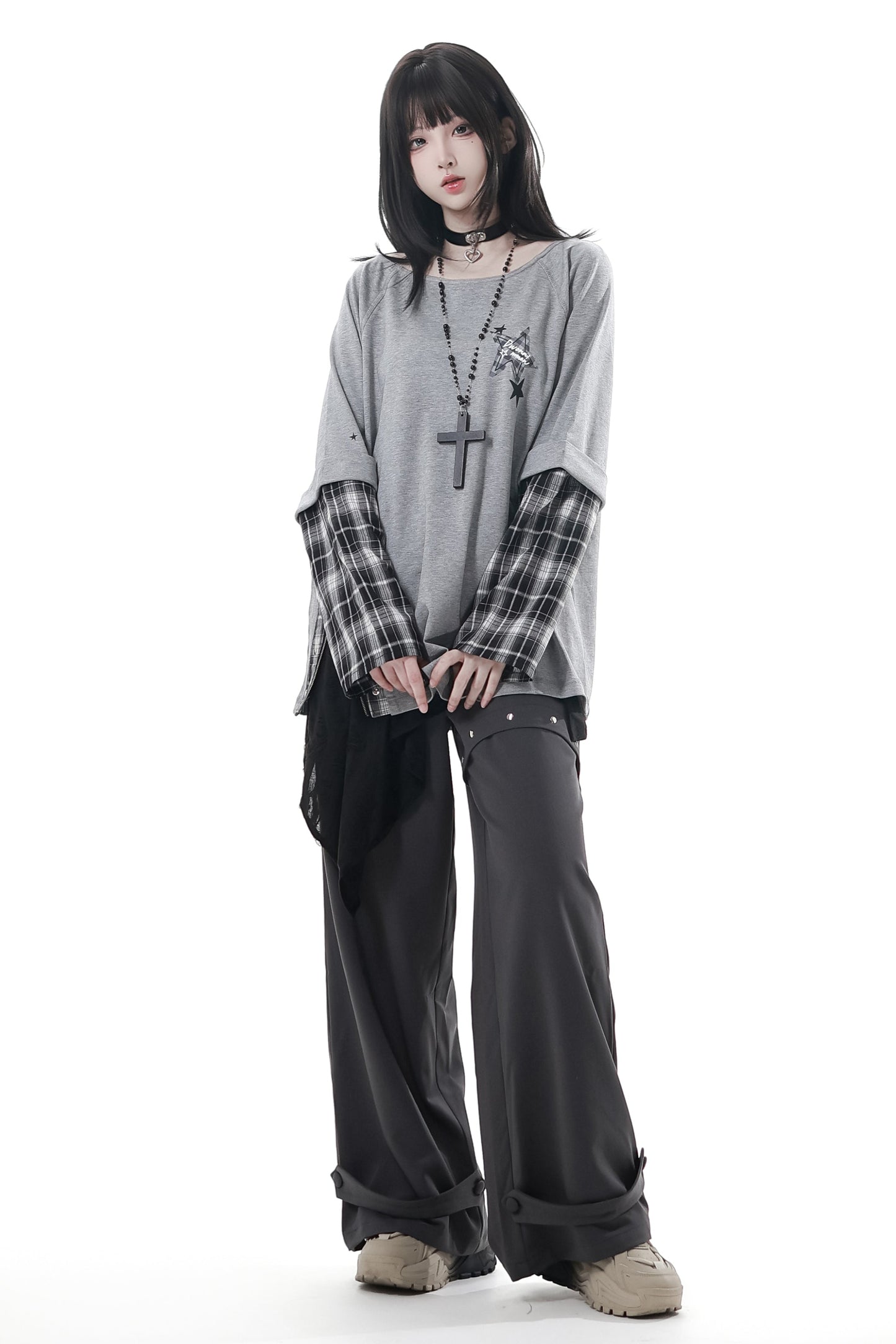 チェックデザイントップス+アシメトップス+パンツ+スカート+ベルト