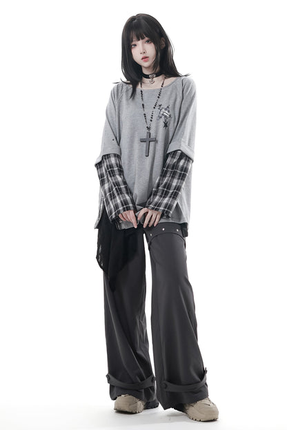 チェックデザイントップス+アシメトップス+パンツ+スカート+ベルト