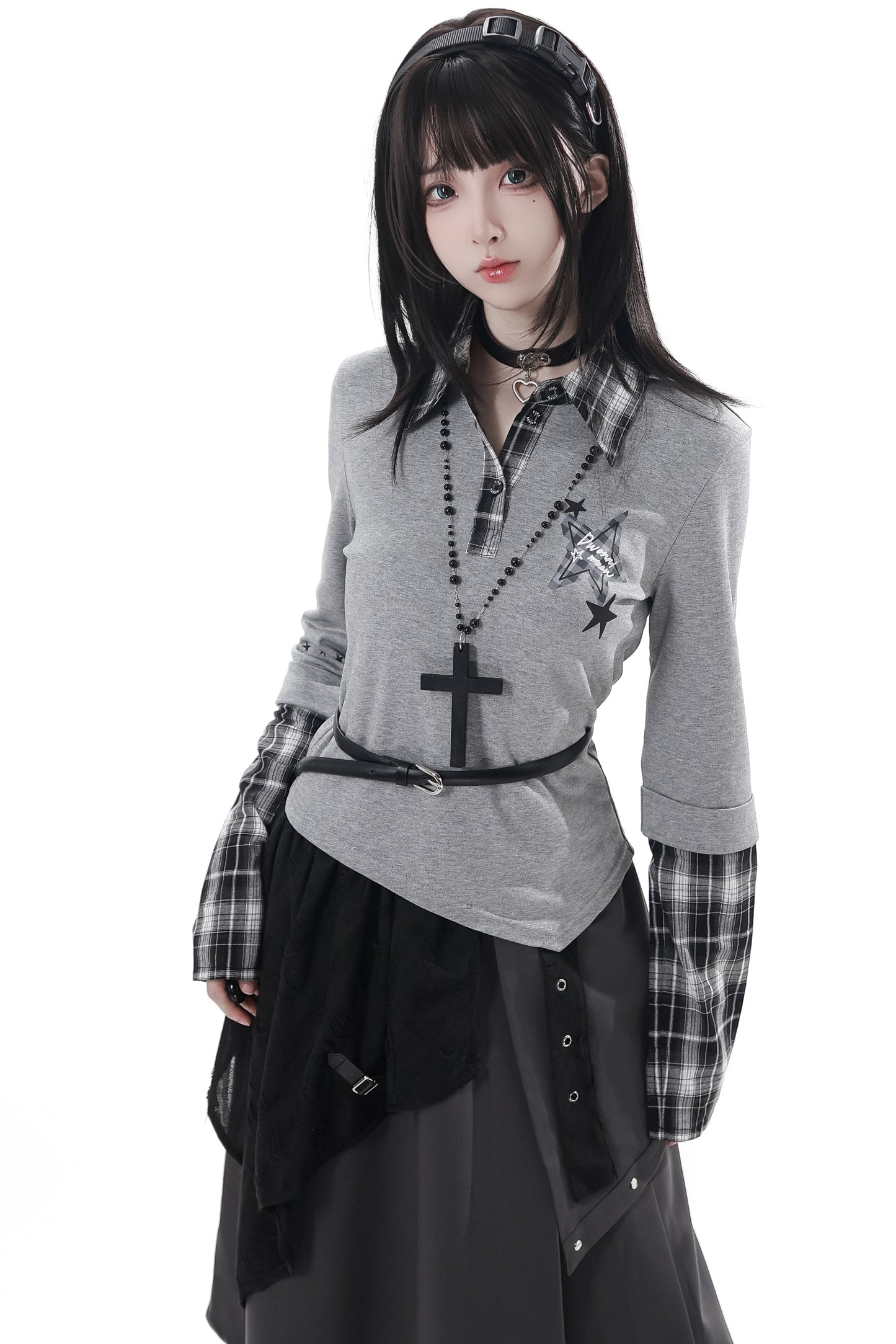 チェックデザイントップス+アシメトップス+パンツ+スカート+ベルト