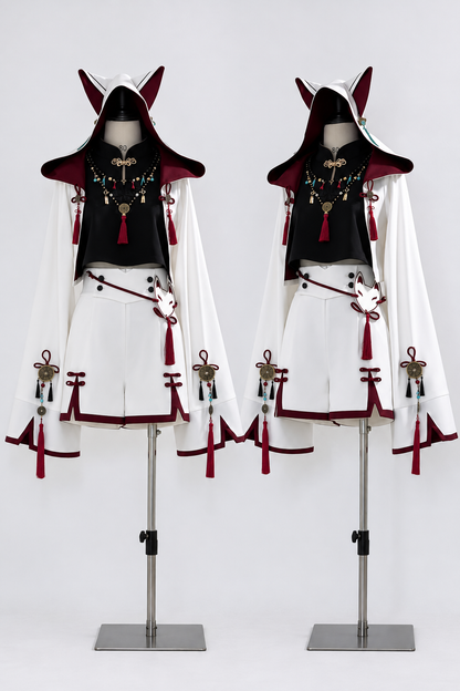 [Reservation Deadline: November 1] White Fox Chinese Fantasy-Style Fox-Ear Hooded Jacket + Black Mandarin-Collar Sleeveless Crop Top + White & Red Fox Shorts