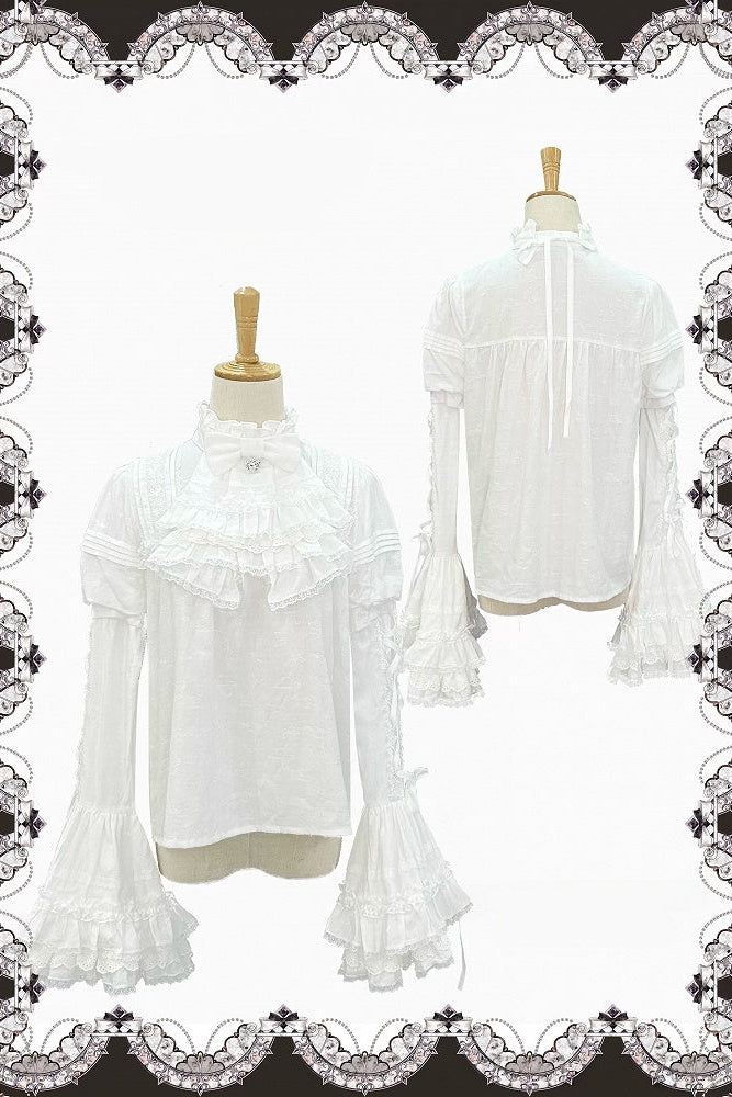 【10月3日予約締切】Black/White Elegant Gothic Puff Sleeve Shirt With Detachable Bell Sleeves And Frill Collar Jabot