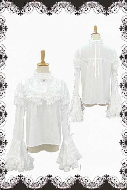 【10月3日予約締切】Black/White Elegant Gothic Puff Sleeve Shirt With Detachable Bell Sleeves And Frill Collar Jabot
